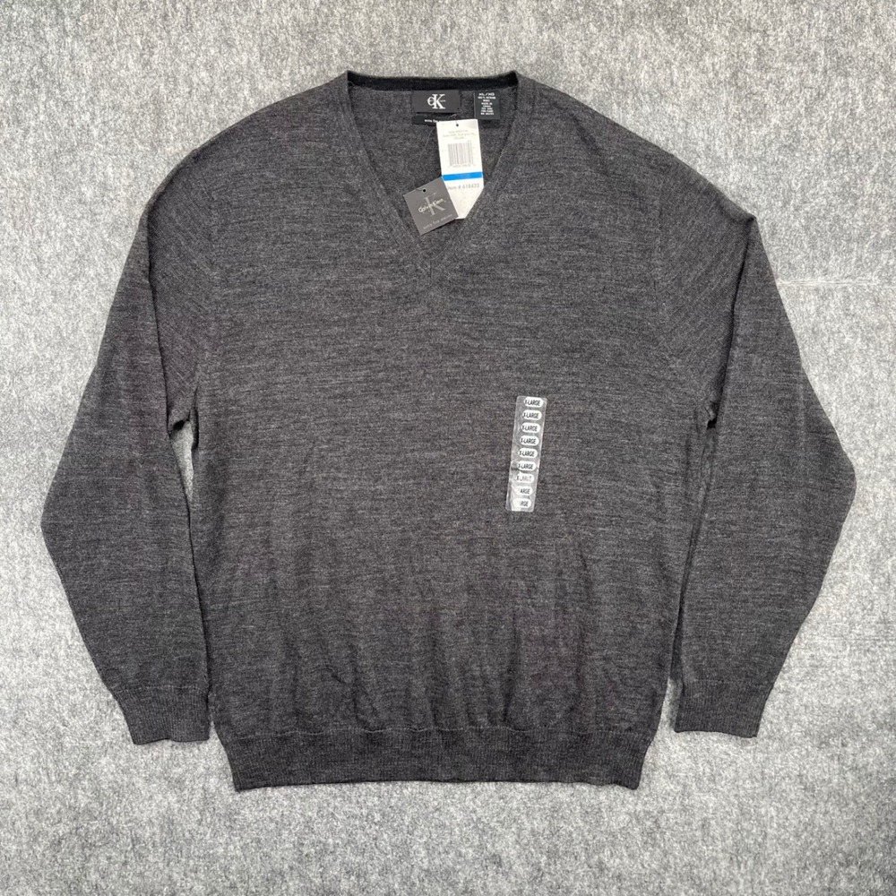 Calvin Klein Mens Sweater Large Extra Fine Merino Wool V-Neck Grey New